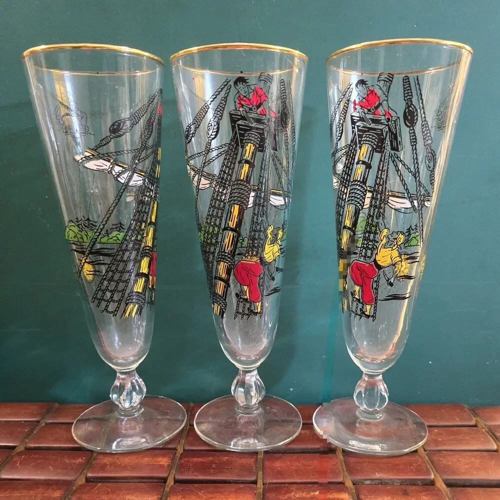 1950s Libbey Treasure Island Pirate Ship Pilsner Glasses 22K Gold Rims 12 Oz